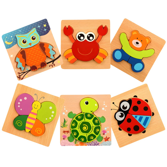 Set of six wooden animal puzzles on a white background