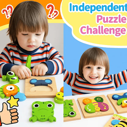 Child playing with wooden puzzle toys, split image with colorful text and icons.