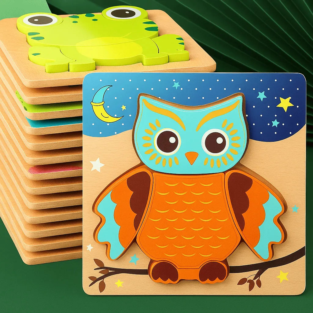 Wooden puzzle with owl design on a green background