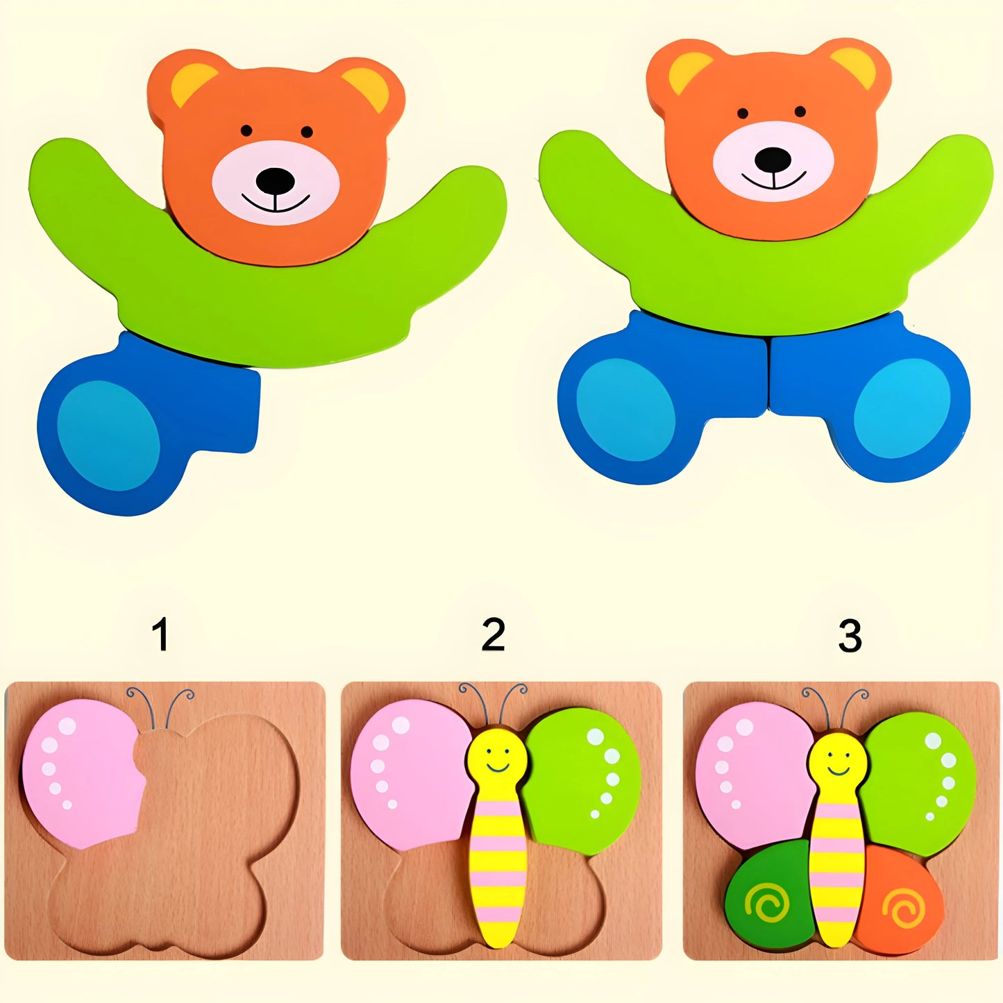 Colorful wooden puzzle with bear and butterfly designs on a beige background