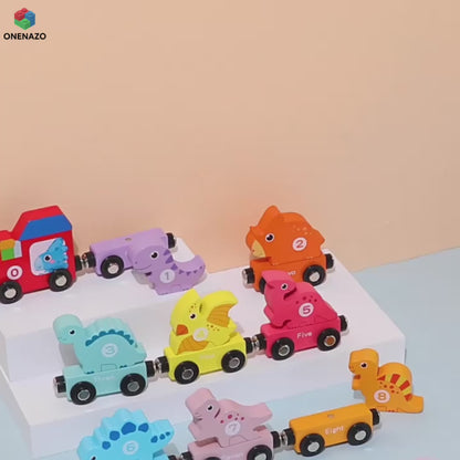 Onenazo Magnetic Wooden Dinosaur Trains with Numbers - Set of 11